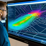 A professional autonomous vehicle engineer, in a modest business casual outfit, stands in a modern, well-lit lab. They are in front of a large digital display showing complex 3D sensor data fusion, including Lidar point clouds, radar heatmaps, and camera feeds, all overlaid onto a simulated road scene. The engineer is intently interacting with the display, pointing to a visualization of vehicle pathways and object detection. High-tech equipment and computer monitors with code and data streams are visible in the background. Focused expression, professional demeanor, fully clothed, appropriate attire, safe for work, perfect anatomy, correct proportions, natural pose, well-formed hands, proper finger count, natural body proportions, professional photography, high quality, appropriate content, modest, family-friendly.