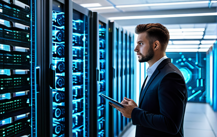 A focused male professional cloud security architect in a modest business suit, standing in a futuristic data center, overseeing complex holographic network blueprints that visualize secure digital fortresses. The environment features glowing servers and intricate data streams, emphasizing robust system design and strategy. The scene conveys intelligence and foresight in cloud infrastructure. Fully clothed, appropriate attire, safe for work, professional, perfect anatomy, correct proportions, natural pose, well-formed hands, proper finger count, high-quality, ultra-detailed, professional photography.