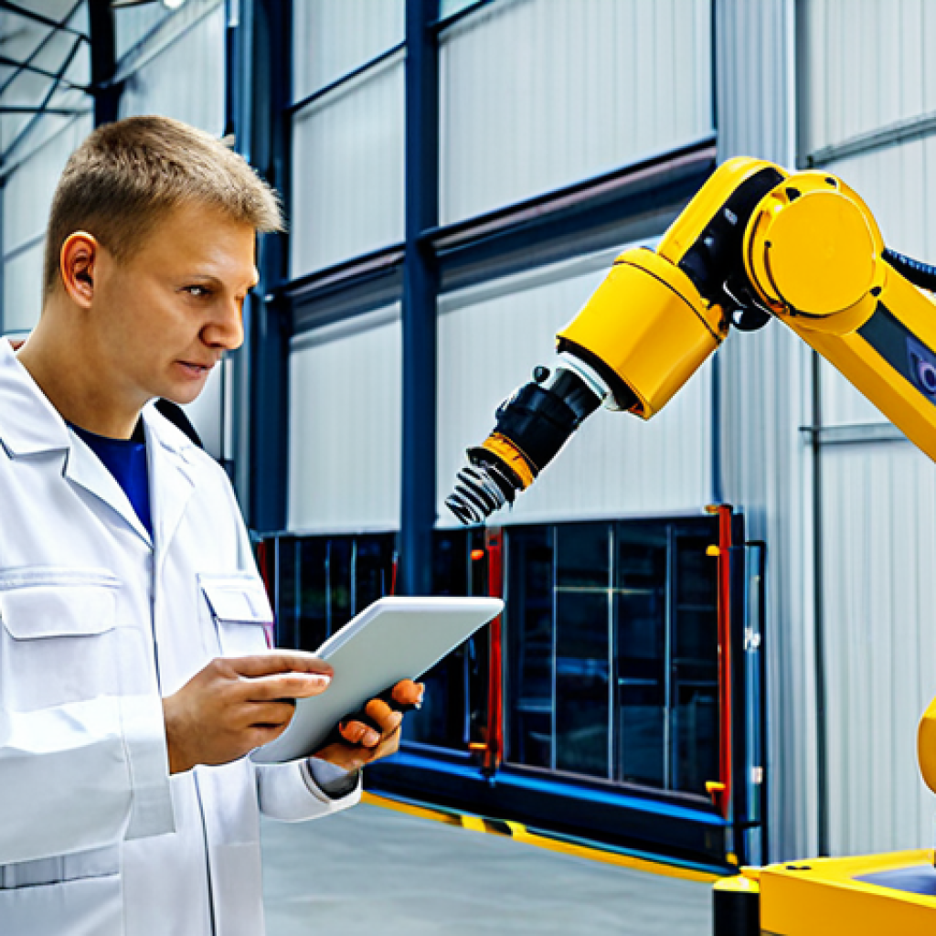A professional male engineer in a modest, protective work uniform is observing an advanced industrial robotic arm on a brightly lit, modern factory floor within a large industrial complex in the Nizhny Novgorod region of Russia. The robotic arm is precisely carrying out an assembly task, showcasing high efficiency, while the engineer is consulting a tablet. The scene emphasizes seamless collaboration between human oversight and automated precision in a clean, high-tech environment. Fully clothed, appropriate attire, safe for work, perfect anatomy, correct proportions, natural pose, professional photography, high quality, well-formed hands, proper finger count, natural body proportions, appropriate content, family-friendly.