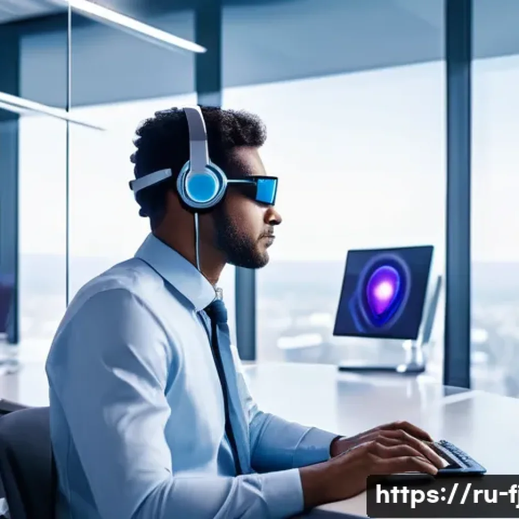 바이오 해커와 미래 직업 - A modern office setting with diverse professionals using advanced neurostimulation headsets emitting...