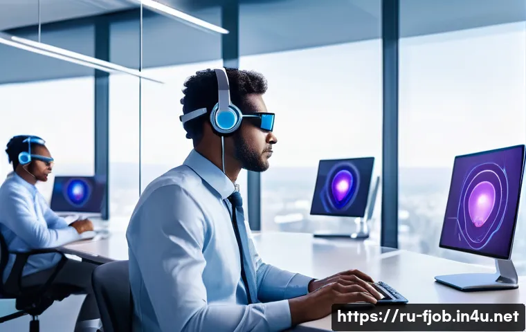 바이오 해커와 미래 직업 - A modern office setting with diverse professionals using advanced neurostimulation headsets emitting...