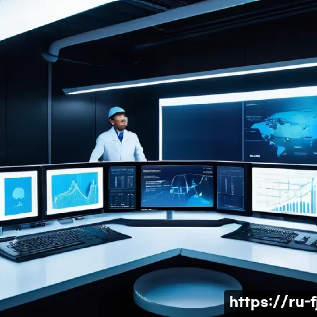자동화 시스템 개발자 - A futuristic industrial automation control room with large digital displays showing real-time data f...