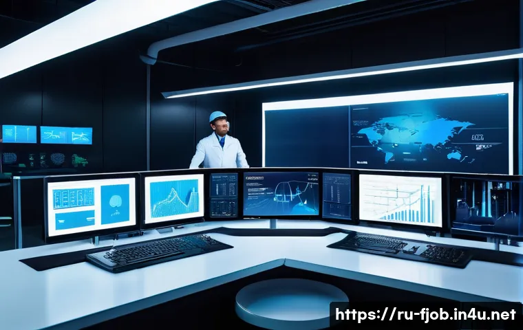 자동화 시스템 개발자 - A futuristic industrial automation control room with large digital displays showing real-time data f...
