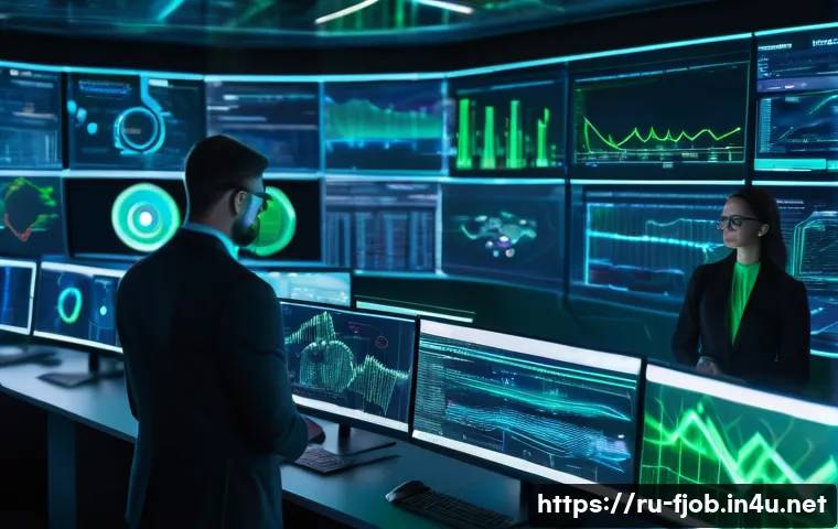 AI 기반 사이버 범죄 대응 전문가 - A futuristic cybersecurity control room filled with multiple holographic screens displaying real-tim...