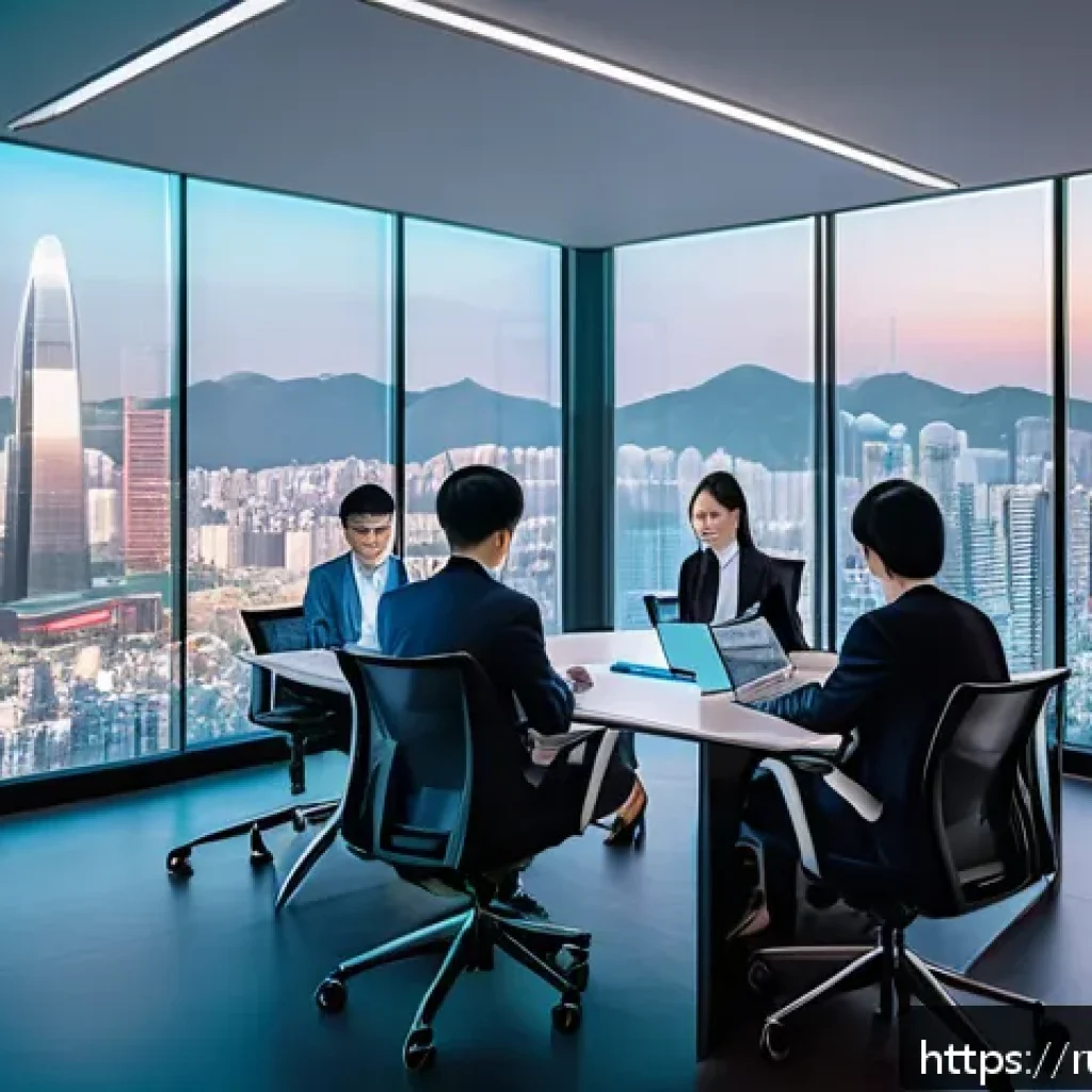 디지털 애셋 관리자 - A futuristic corporate office scene in Seoul, South Korea, showcasing a diverse team of professional...