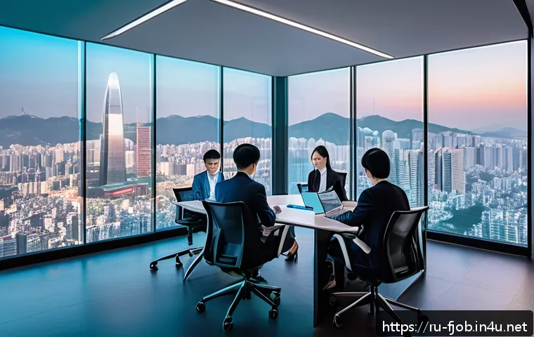 디지털 애셋 관리자 - A futuristic corporate office scene in Seoul, South Korea, showcasing a diverse team of professional...