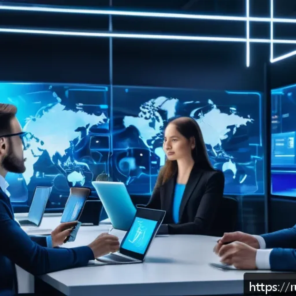디지털 마케팅 트렌드 - A futuristic digital marketing office scene featuring a diverse team of Russian professionals using ...