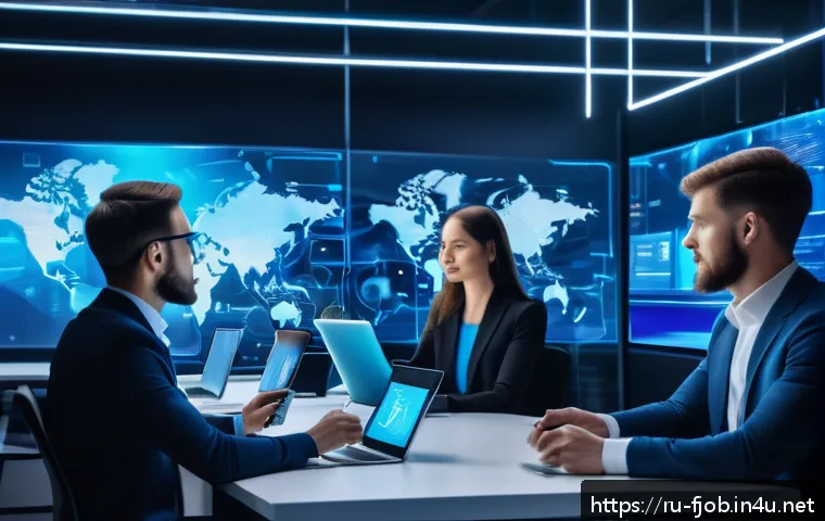디지털 마케팅 트렌드 - A futuristic digital marketing office scene featuring a diverse team of Russian professionals using ...
