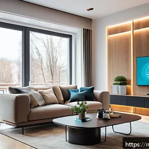 Home 17 스마트 가전 개발자 - A modern Russian smart home interior showcasing seamless integration of IoT devices, including voice...