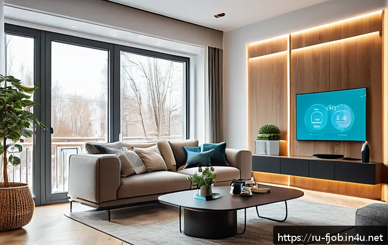 스마트 가전 개발자 - A modern Russian smart home interior showcasing seamless integration of IoT devices, including voice...
