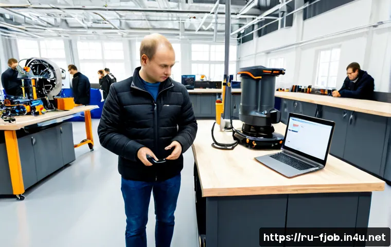Home 17 자율주행 배송 로봇 개발 - Photorealistic engineering workshop in a modern Russian technology hub, a compact autonomous deliver...